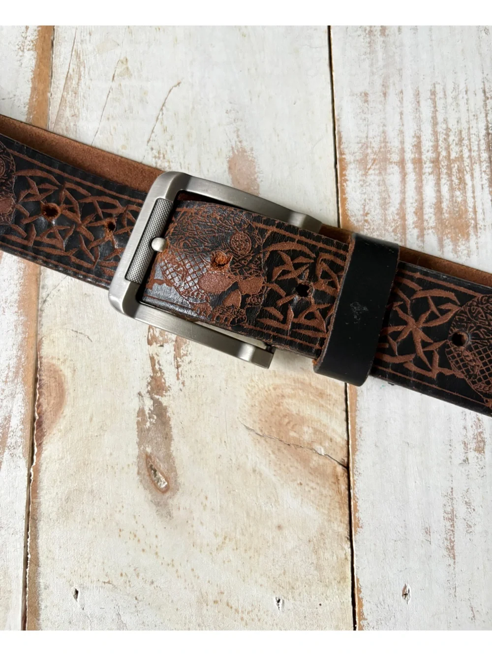 Unique brown black tooled leather belt Celtic knots skulls biker goth men’s 48